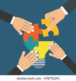 Hands Putting Puzzle Pieces Together Teamwork Stock Vector (Royalty ...