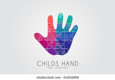 puzzle hand. Childs hand logo. Creative logo design. 