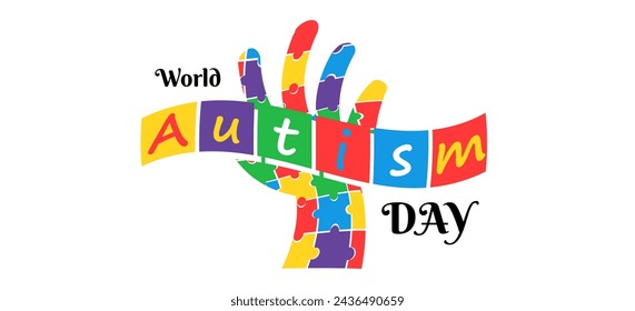 Puzzle hand holding text world autism awareness day banner poster illustration vector design