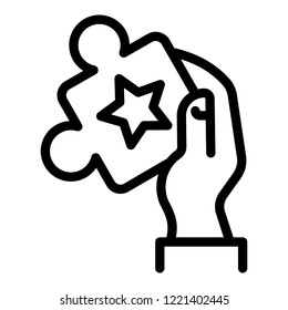 Puzzle in hand icon. Outline puzzle in hand vector icon for web design isolated on white background