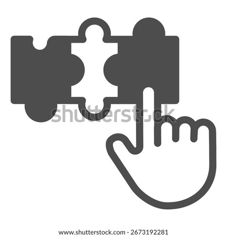 Puzzle and hand with index finger solid icon, problem solution finding concept, jigsaw game skill sign on white background, glyph style icon for mobile and web design. Vector graphics