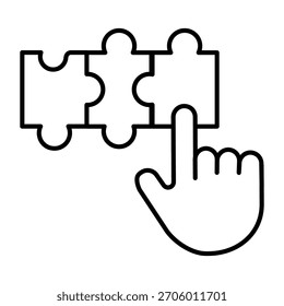 Puzzle y mano con el icono de línea delgada del dedo índice, concepto de búsqueda de solución de problemas, signo de habilidad del juego de rompecabezas sobre fondo blanco, icono de estilo de contorno para móviles y Diseños web. Gráficos de Vector