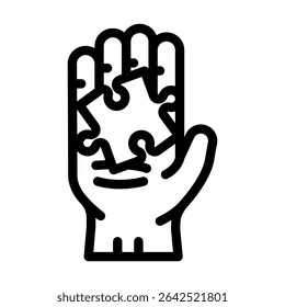vetor de ícone de linha de quebra- cabeça de mão de quebra- cabeça. símbolo de contorno isolado ilustração em preto