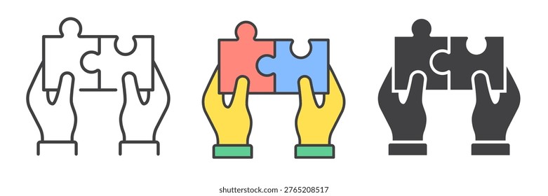 Puzzle and hands icons. Representing teamwork and collaboration. Linear and filled icons set.