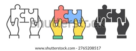 Puzzle and hands icons. Representing teamwork and collaboration. Linear and filled icons set.