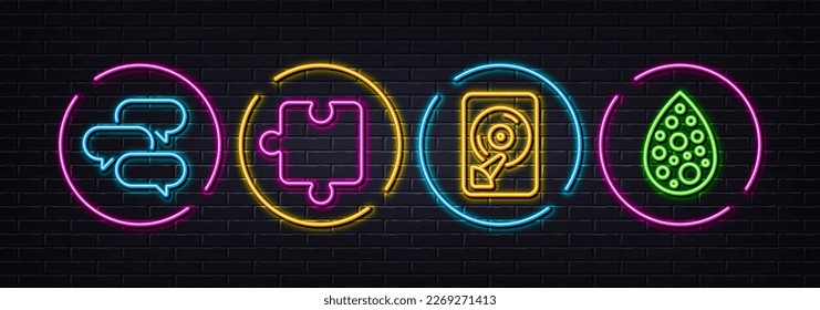 Iconos de línea mínimos de rompecabezas, Hdd y Talk. Luces 3d láser neón. Iconos de colores artificiales. Para web, aplicación, impresión. Pieza de rompecabezas, disco de memoria, mensaje de conversación. Sabor natural. Vector