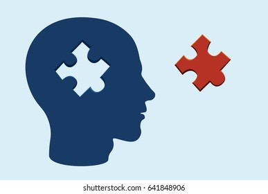 Puzzle head brain concept with a jigsaw piece cut out on blue gray background