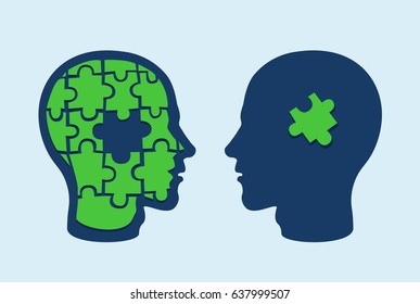Puzzle head brain. Two face profiles against each other with one missing jigsaw piece cut out