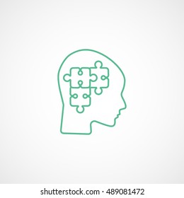 Puzzle In Head Green Line Icon On White Background