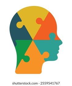 Puzzle head with human face image. Triangle puzzle piece. Puzzle head icon. Personal development, self-improvement. Human resources and recruitment. Smart decisions, critical thinking.