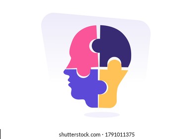 Puzzle head silhouette neurology concept. Personality development, self improvement. Human resources and recruitment. Smart solutions, critical thinking. Isolated modern flat vector illustration