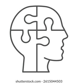 Puzzle head thin line icon, neural network concept. Vector graphics. Human head with puzzle, logic training sign on white background, outline style icon for mobile or web design