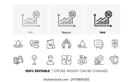 Iconos de línea de puntos de Puzzle, Headshot y Loyalty. Paquete de empleados de trabajo en equipo, bombona de gasolina, icono de cambio de dinero. Impermeable, Gestión del tiempo, Pictograma de energía de combustible. Trabajo, servicio las 24 horas, cara sonriente. Vector