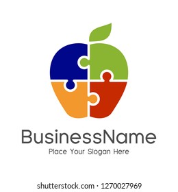 Puzzle Health Food creative symbol layout. Nutrition and Diet logo design idea. Fruit and vegetable vector sign concept. Abstract shape with human spoon and fork figure in negative space