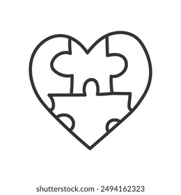 Puzzle Heart Doodle Icon. Hand drawn love symbol. Black line art. Isolated vector illustration. Psychotherapy Psychology logo