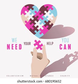 Puzzle Heart and Hand vector poster design concept. Relationship, volunteerism, help, charity and community symbol.