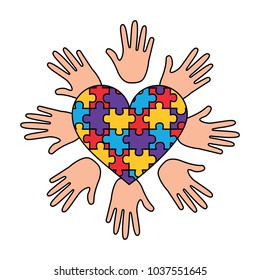 puzzle heart hands support autism awareness vector illustration