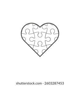 Puzzle heart icon. Black outline shape. Love connection symbol. Vector unity illustration.