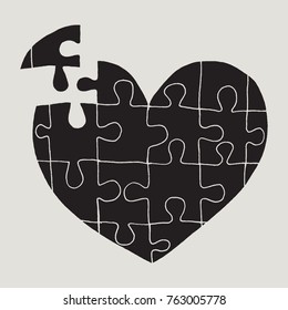Puzzle heart icon. Flat vector cartoon illustration. Objects isolated on a white background.