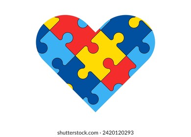 Puzzle heart isolated vector illustration. World Autism Awareness Day concept. Blu, red, yellow. Design element for card, border, banners, posters, printed products, cards, flyers, patterns, covers.