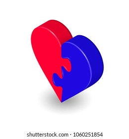 Puzzle Heart Isometric Two Red Blue Piece. Vector 3d Illustration Isolated on White. Valentine's Day Love icon.