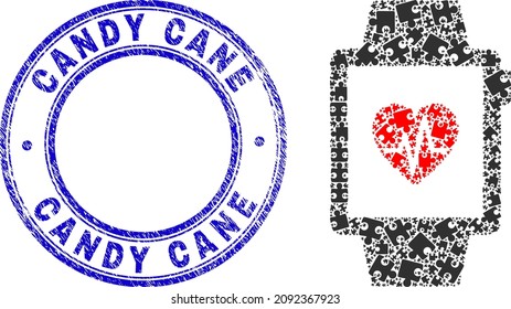 Puzzle heart pulse tracker mosaic icon with Candy Cane stamp. Blue vector round distress seal with Candy Cane phrase. Abstract mosaic of heart pulse tracker icon constructed of puzzle items.