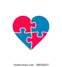 Puzzle Heart red and blue pieces, vector illustration isolated on white.