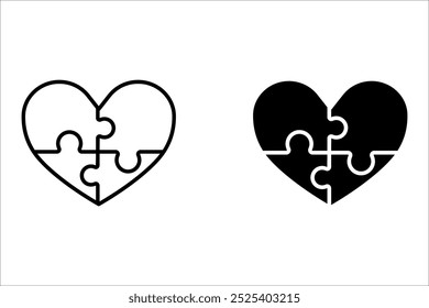 Puzzle in Heart Shape Line and black Icon. Love, Jigsaw Pieces Match Together Linear Pictogram. Greeting Card for Valentine Day Outline Sign. Puzzle Combination.