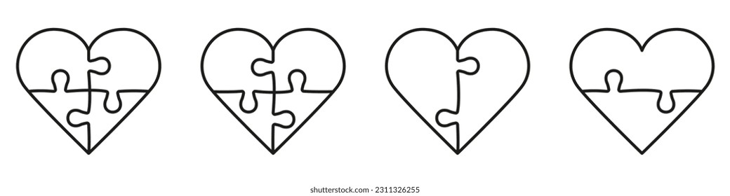 Puzzle in Heart Shape Line Icon. Love, Jigsaw Pieces Match Together Linear Pictogram. Greeting Card for Valentine Day Outline Sign. Puzzle Combination. Editable Stroke. Isolated Vector Illustration.