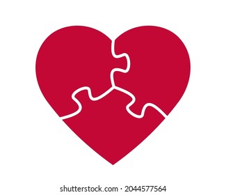 Puzzle heart shapes. Three puzzle pieces. Valentine day symbol. Jigsaw heart symbol. Romantic icon. Vector illustration