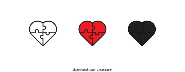 Puzzle heart simple icon set. Love concept, illustration symbol in vector flat style.
