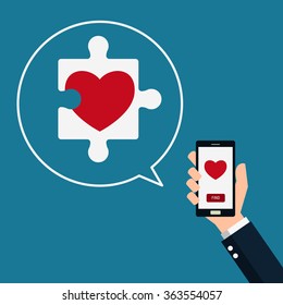 Puzzle Heart. Smart phone in hand with find love. Valentine's Day. Cartoon Vector Illustration.