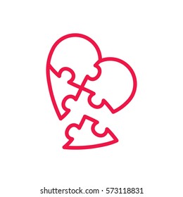 puzzle heart thin line red icon on white background, happy valentine day