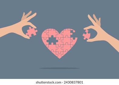 Un corazón de rompecabezas y dos manos poniendo piezas de rompecabezas faltantes en él. Ilustración vectorial plana