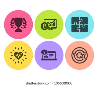 Puzzle, Heartbeat And Bitcoin Chart Icons Simple Set. Online Help, Winner And Targeting Signs. Engineering Strategy, Medical Heart. Business Set. Flat Puzzle Icon. Circle Button. Vector