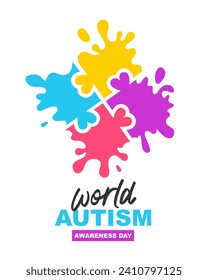 Puzzle with hearts in the form of colorful blots . World Autism Awareness Day. Beautiful lettering. Medicine and healthcare. Vector illustration on a white background.