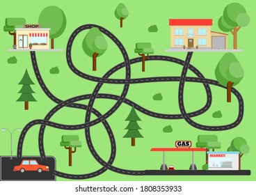 Puzzle  Help the car to find its way home  to the store  to the gas station  Colorful vector illustration for children