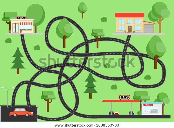 Puzzle. Help the car to find its way home, to\
the store, to the gas station. Colorful vector illustration for\
children