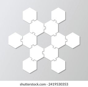 Cuadrícula hexagonal de rompecabezas. Infografía de la cadena de negocios Jigsaw. Infografías del rompecabezas del hexágono con 12 piezas. Gráfico informativo de presentación de negocios. Diagrama de procesos con pasos, partes. Ilustración del vector