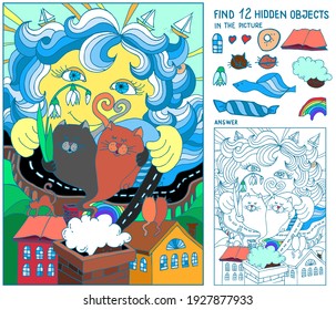 Puzzle hidden items for kids. Sea, sun, city, cats on home roofs. Find 12 hidden objects in the picture. Hand drawn vector. Worksheet.