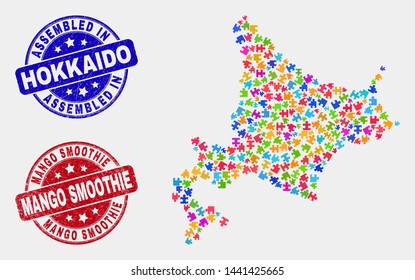 Puzzle Hokkaido map and blue Assembled seal stamp, and Mango Smoothie distress seal stamp. Colorful vector Hokkaido map mosaic of puzzle items. Red round Mango Smoothie seal.