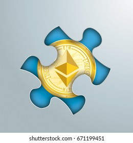 Puzzle hole on the grey background with golden ethereum coin in the hole. Eps 10 vector file.