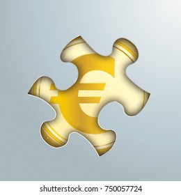 Puzzle hole on the grey background with golden Euro coin in the hole. Eps 10 vector file.