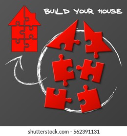 Puzzle home presentation. Kit "Build your house". Infographic template with explanatory text field for business statistics. vector illustration