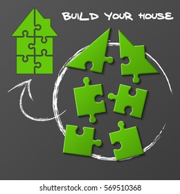 Puzzle home presentation. Kit "Build your house". Infographic template with explanatory text field for business statistics. vector illustration