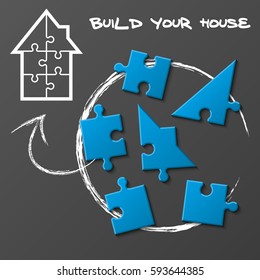 Puzzle home presentation. Kit "Build your house". Infographic template with explanatory text field for business statistics. vector illustration