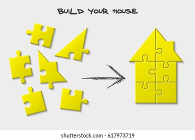 Puzzle home presentation. Kit "Build your house". Infographic template with explanatory text field for business statistics. vector illustration