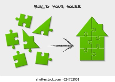 Puzzle home presentation. Kit "Build your house". Infographic template with explanatory text field for business statistics. vector illustration