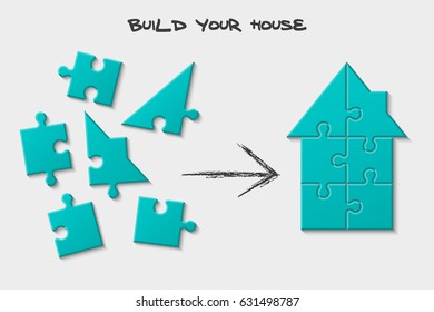 Puzzle home presentation. Kit "Build your house". Infographic template with explanatory text field for business statistics. puzzle vector illustration