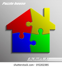 Puzzle house Presentación gráfica plana de cuatro piezas. Diagrama de negocio de 4 pasos. Banner de servicio de comparación en casa de cuatro secciones. Forma de plantilla de ilustración del vector. Fondo abstracto 3d